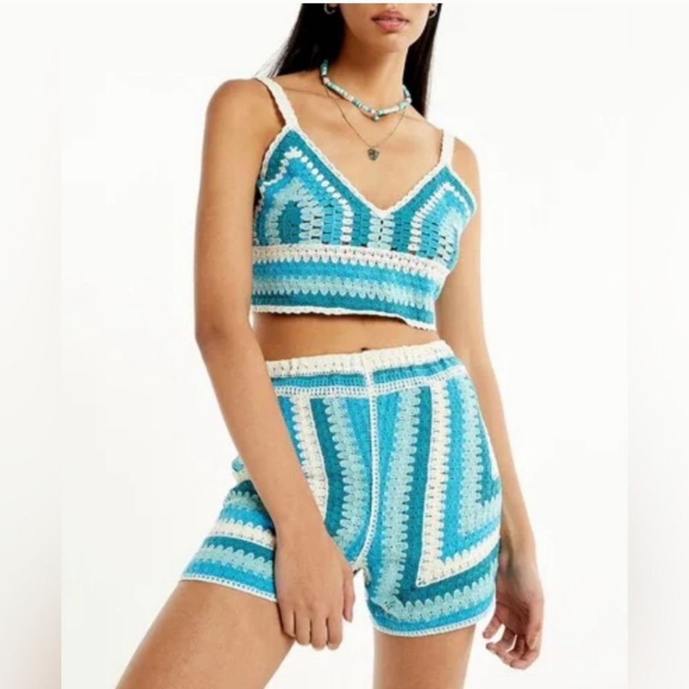Rebellion Again Women’s Blue Crochet Bralette and Shorts Set Outfit Size Small